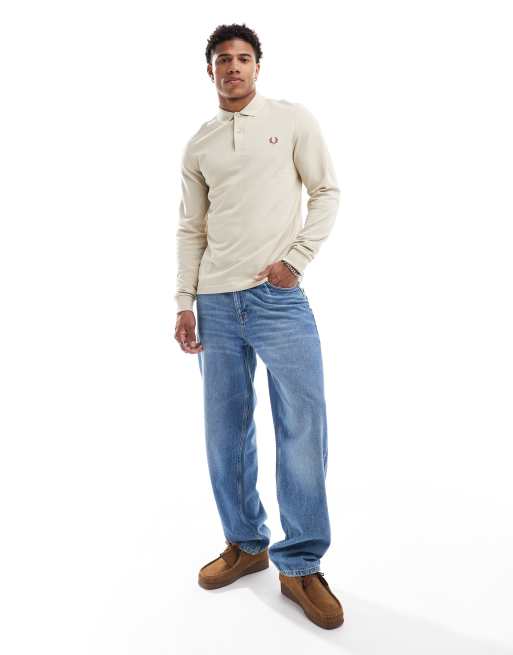 FRED PERRY/Long Sleeve Polo ベージュL Fred Perry long sleeved polo shirt in light beige | ASOS