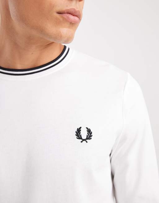 Fred Perry - Maglietta a maniche lunghe bianca con doppia riga a contrasto, 5 di 5