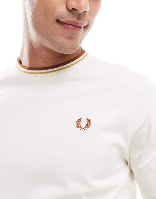 Fred Perry - Maglietta a maniche lunghe bianco sporco con doppia riga a contrasto sui bordi, 3 di 4