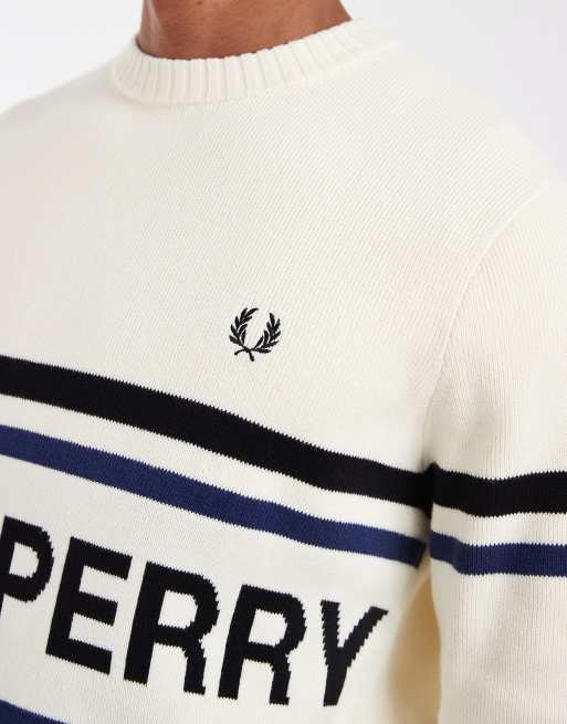 Fred Perry - Maglione lavorato a righe écru con grafica del logo, 2 di 5