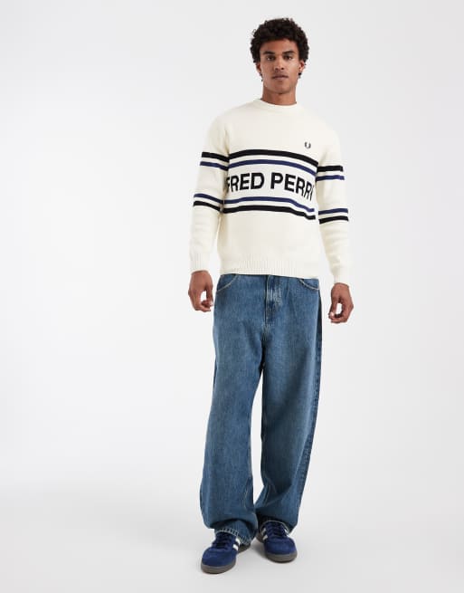 Fred Perry - Maglione lavorato a righe écru con grafica del logo, 3 di 5