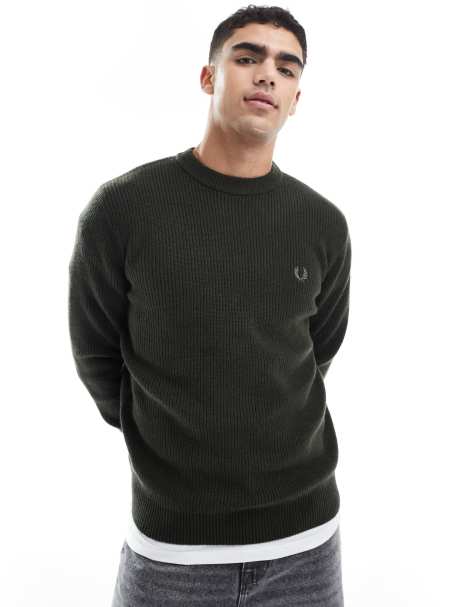 Fred Perry - Maglione lavorato in lana d'agnello verde scuro - view 1