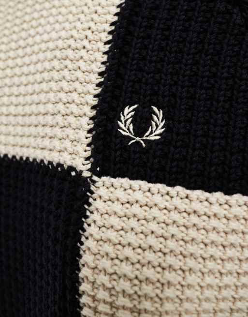 Fred Perry - Maglione oversize in maglia nera e bianco sporco a scacchi, 4 di 4