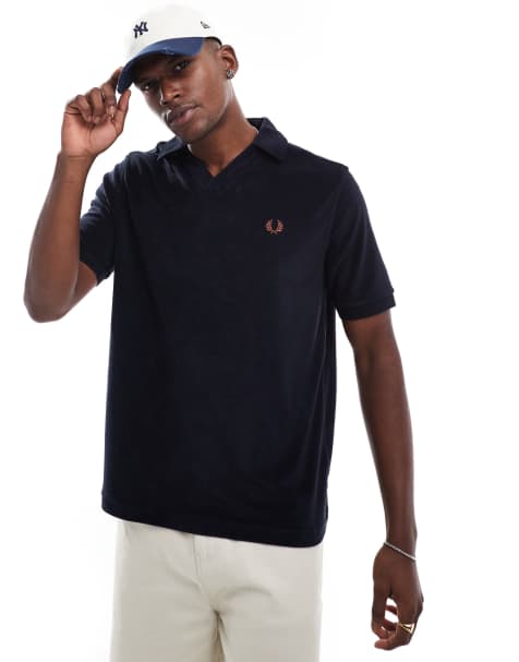 Fred Perry – Marinblå pikétröja i frotté med platt krage - view 1
