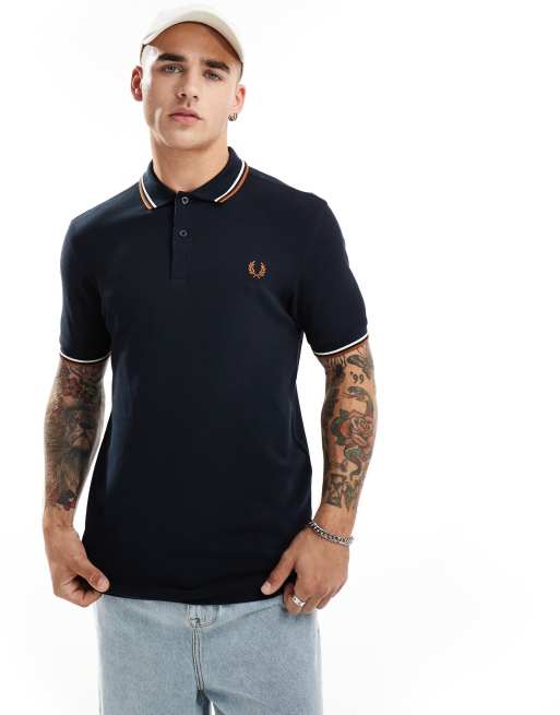 Fred Perry – Marinblå pikétröja med dubbel kantrand