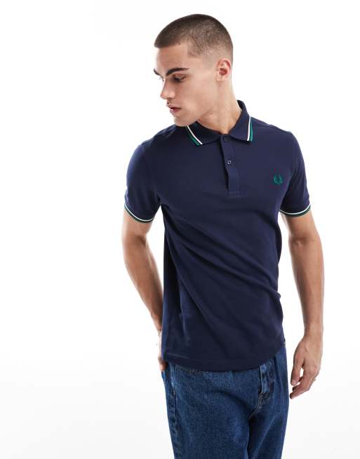 Fred Perry – Marinblå pikétröja med dubbel kantrand