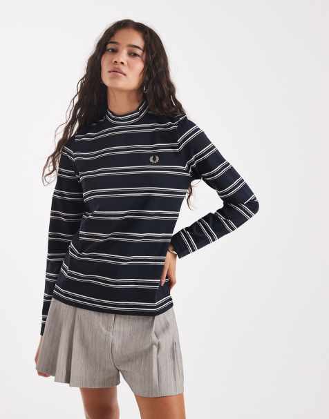Fred Perry – Marinblå, randig topp med ståkrage - view 1