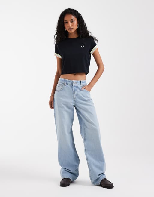Fred Perry – Marinblå t-shirt i pikétyg med randiga muddar, 3 av 4