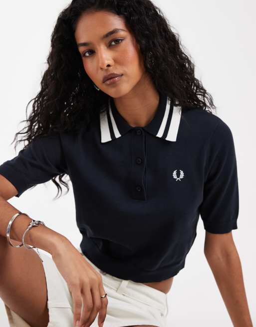 Fred Perry - Marineblå strikket poloskjorte med kant med to tykke striber, 2 af 4