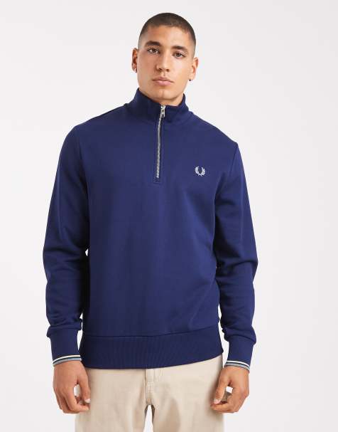 Fred Perry - Marineblå sweatshirt med kort lynlås og striber i kanterne - view 1