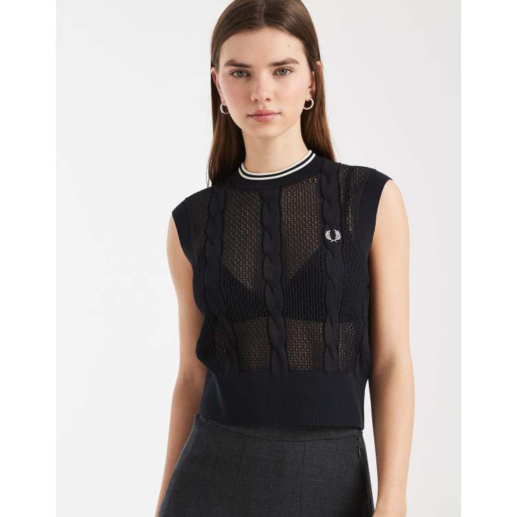 Fred Perry mesh cable knit logo tank top in black | ASOS