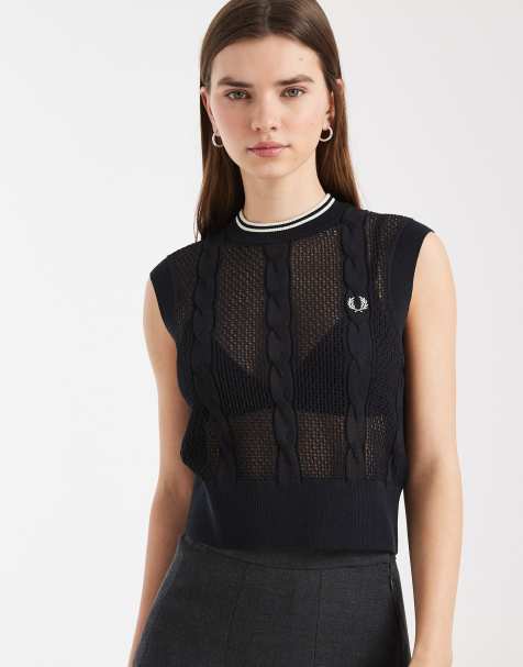 Fred Perry mesh cable knit logo tank top in black
