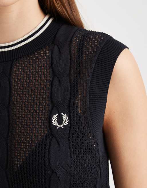 Fred Perry mesh cable knit logo tank top in black | ASOS