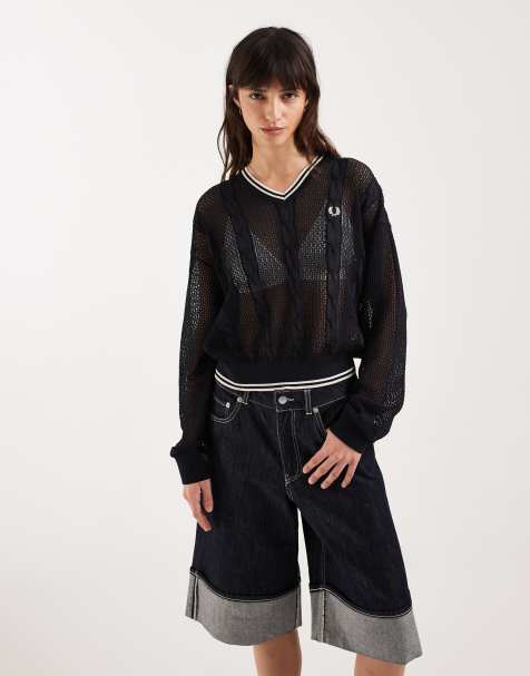 Fred Perry mesh cable knit sweater in navy - view 1