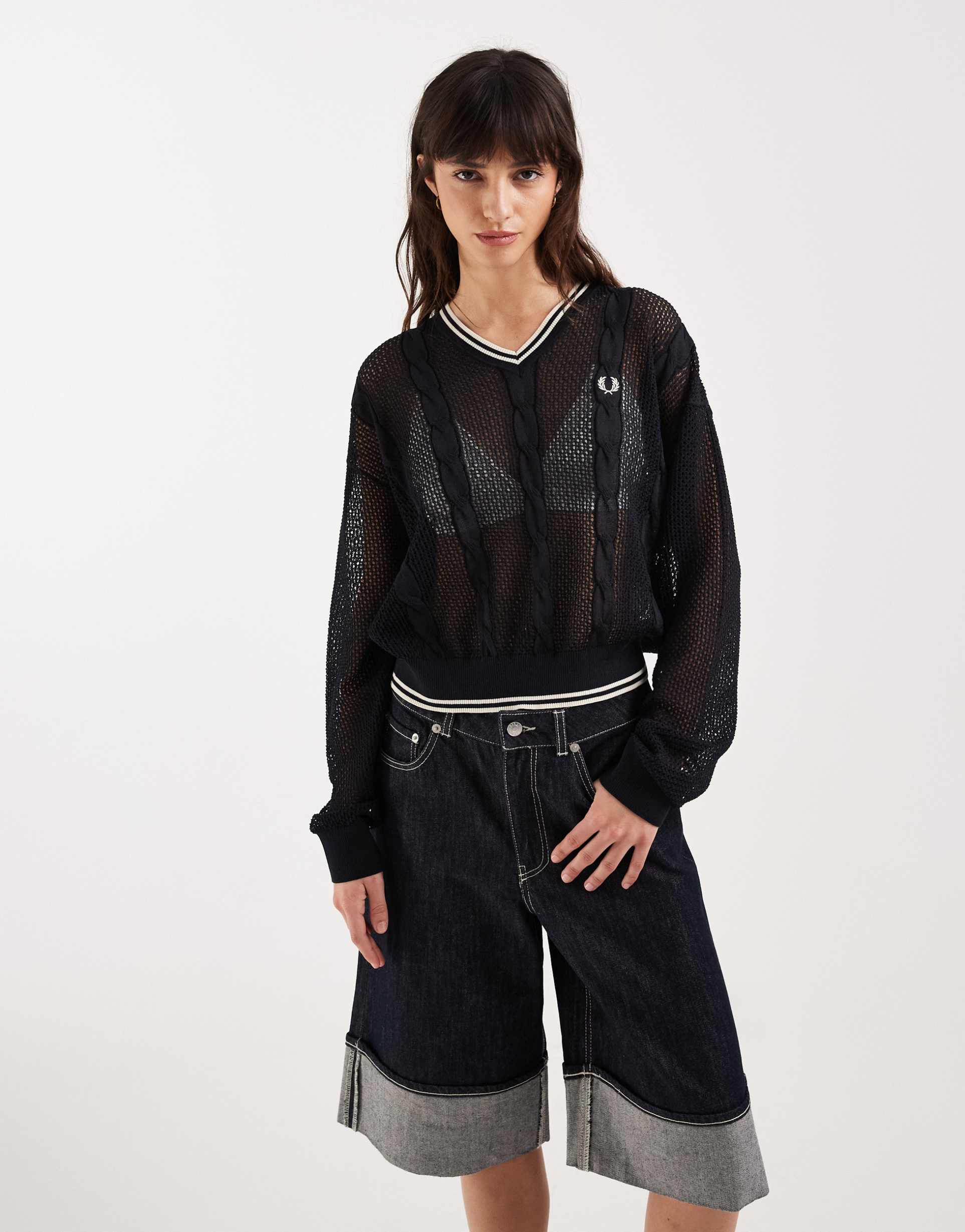 fred perry mesh cable knit sweater in navy