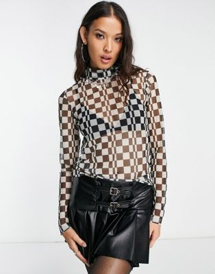 Fred Perry mesh roll neck top in checkerboard print