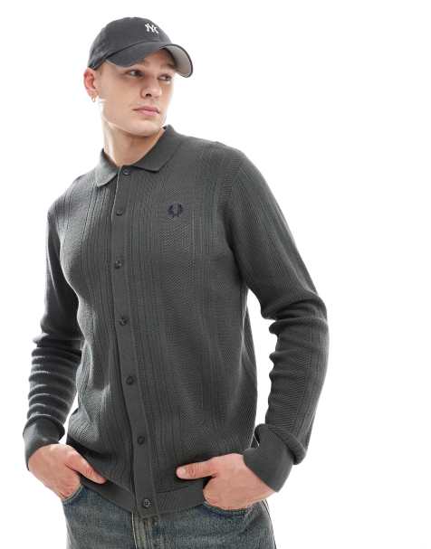 Fred Perry – Mörkgrön, långärmad, stickad skjorta med pointellestickade paneler - view 1