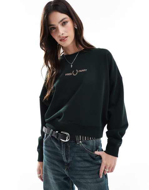 Fred Perry - Mørkegrøn sweatshirt med rund hals og metallisk logo på brystet - view 1