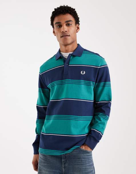 Fred Perry – Niebieska gruba koszulka polo z długimi rękawami w paski z logo - view 1