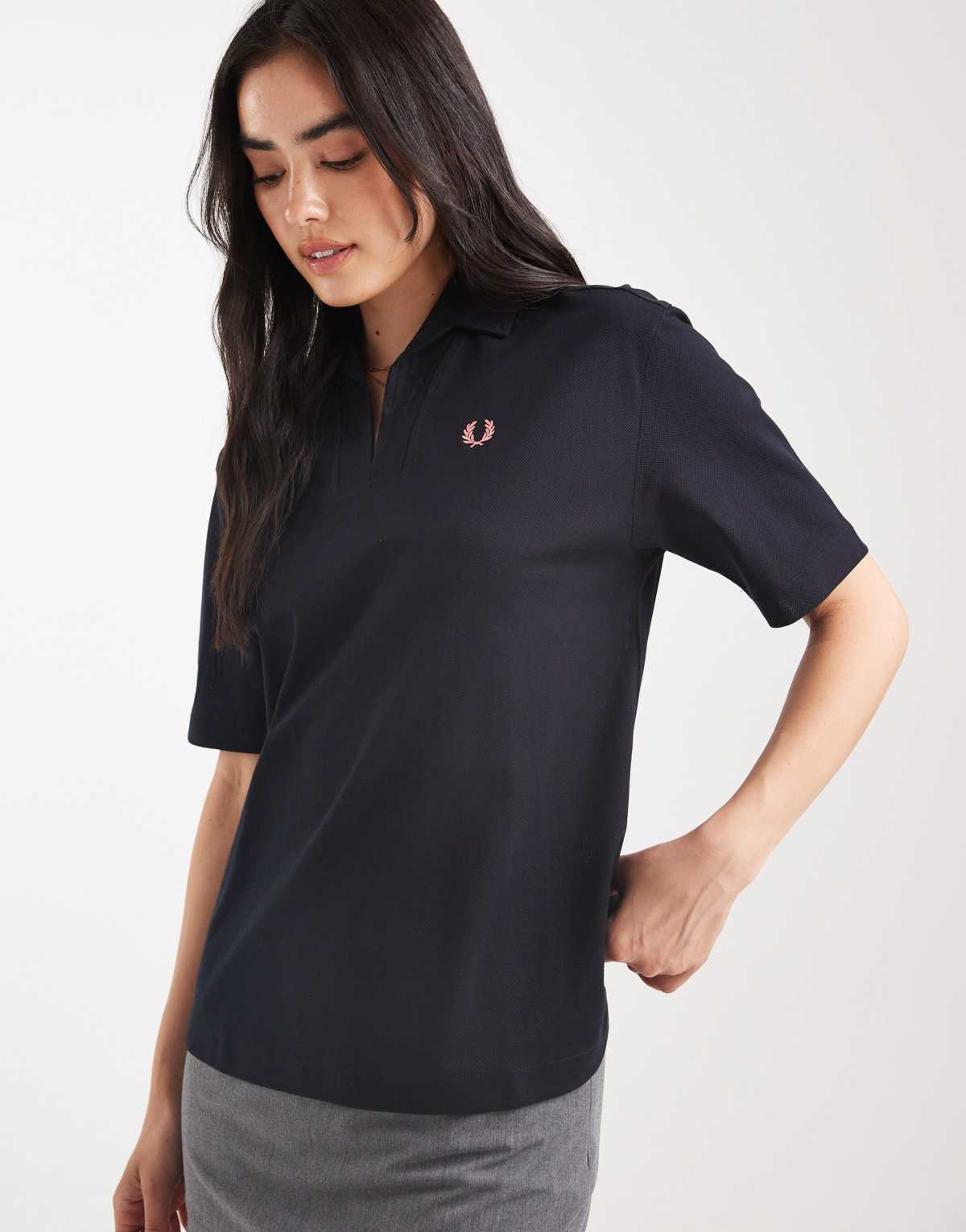 Fred Perry open collar mesh shirt in black