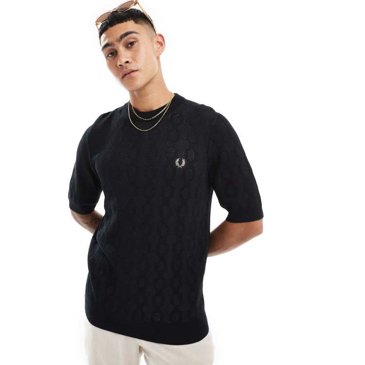 Fred Perry open knit cable t-shirt in black | ASOS