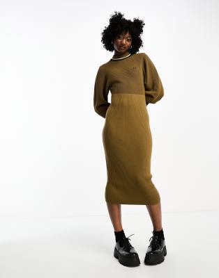 Fred Perry open knit mock neck dress in shaded beige