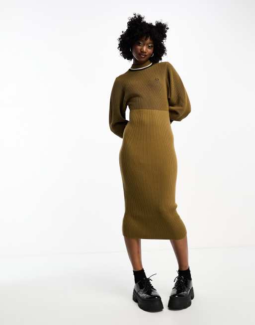 Fred Perry open knit mock neck dress in shaded beige