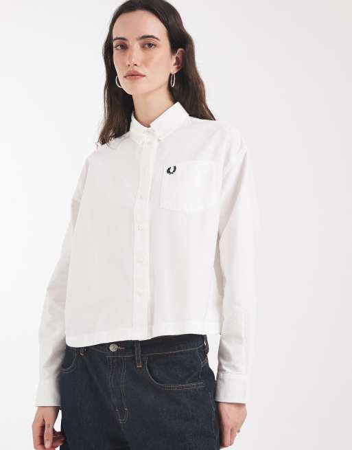 Fred Perry overhemd met geborduurd logo en knoopsluiting in wit, 3 van 4