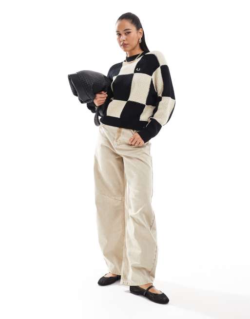 Fred Perry oversized knitted jumper in black and off white checkerboard, 2 of 4