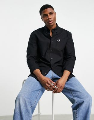 Fred Perry oxford long sleeve shirt in black
