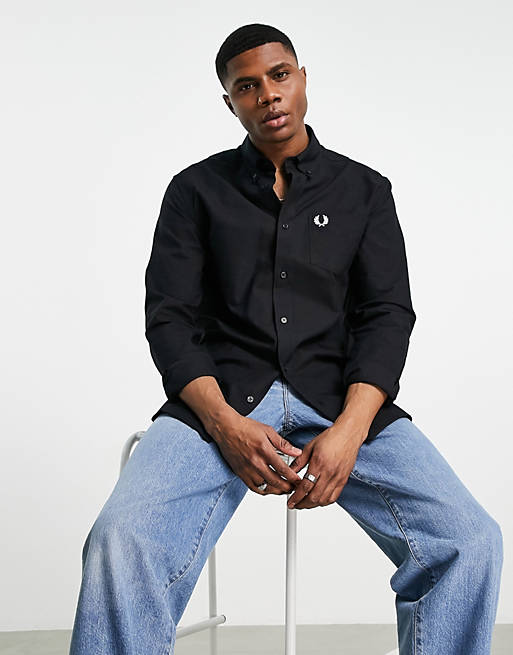 Men Fred Perry oxford long sleeve shirt in black 