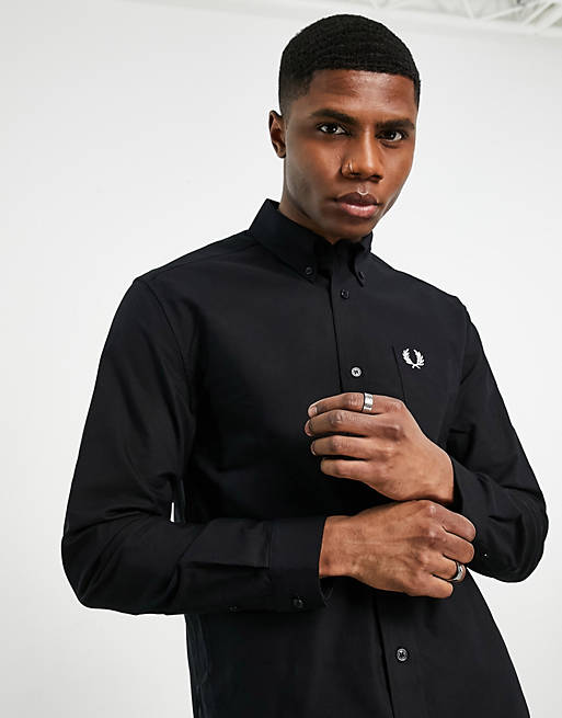 Men Fred Perry oxford long sleeve shirt in black 