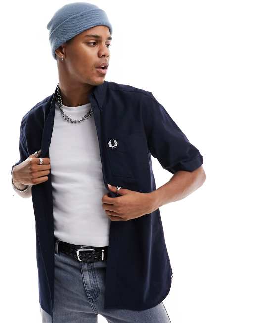 Fred Perry - Oxford overhemd met korte mouwen in donkerblauw
