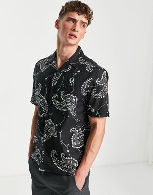 Fred Perry paisley print revere shirt in black
