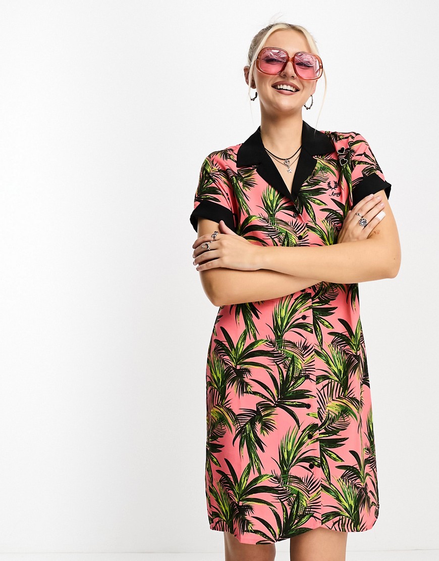 Fred Perry palm print shirt dress in coral heat-White