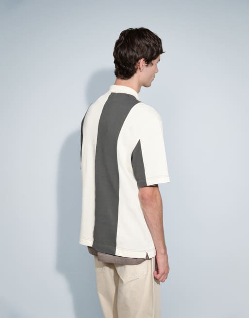 Fred Perry panelerad pikétröja med cut and sew i naturvit och khaki, 4 av 9