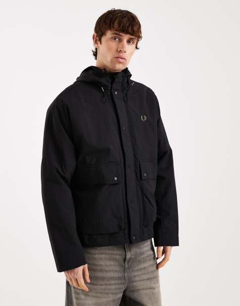 Fred Perry - Parka corto nero in tessuto ripstop con cappuccio e logo - view 1