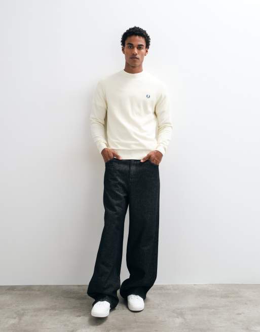 Fred Perry pique stitch logo knitted jumper in ecru, 3 of 5