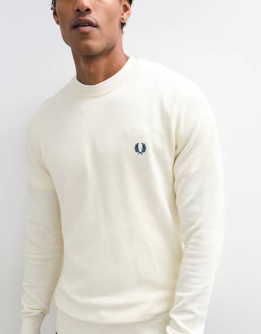 Fred Perry pique stitch logo knitted jumper in ecru, 4 of 5