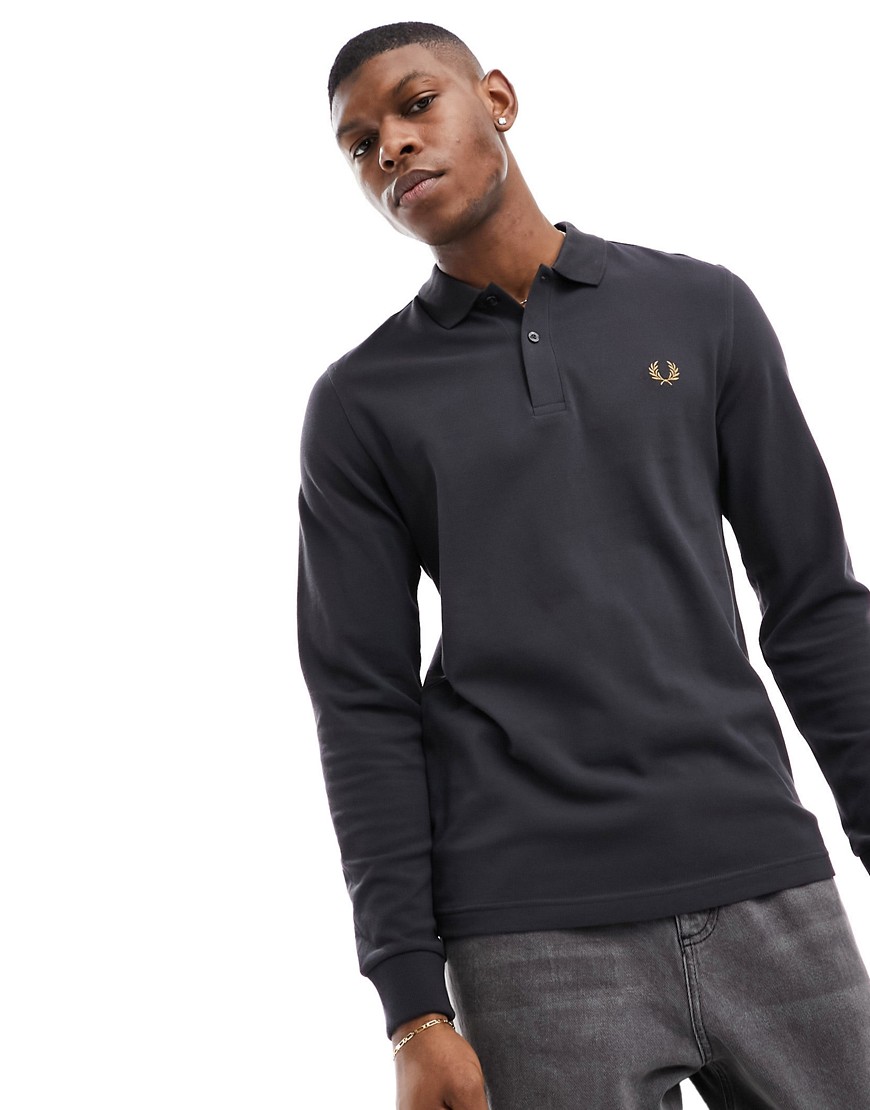 Fred Perry plain long sleeve polo in charcoal-Grey