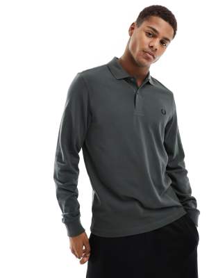 Fred Perry Plain Long Sleeve Polo Shirt In Field Green