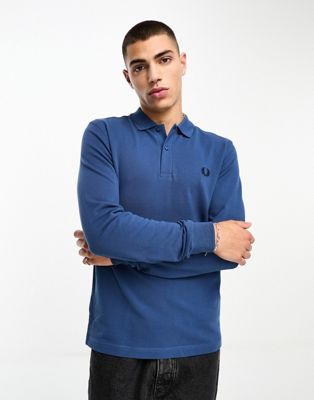 Fred Perry plain long sleeve polo shirt in midnight blue