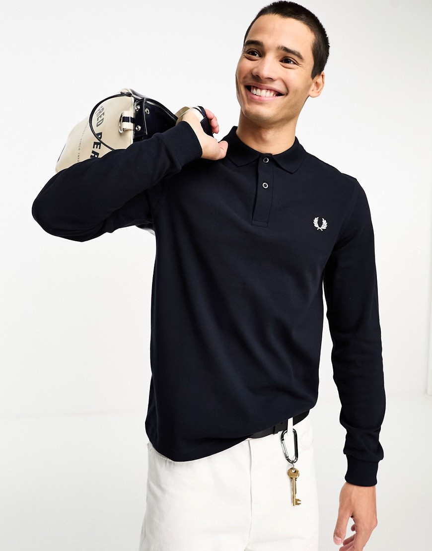Fred Perry plain long sleeve polo shirt in navy
