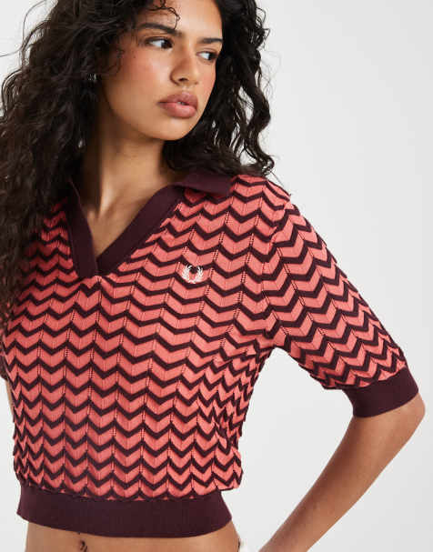 Fred Perry pointelle contrast knitted shirt in red - view 1