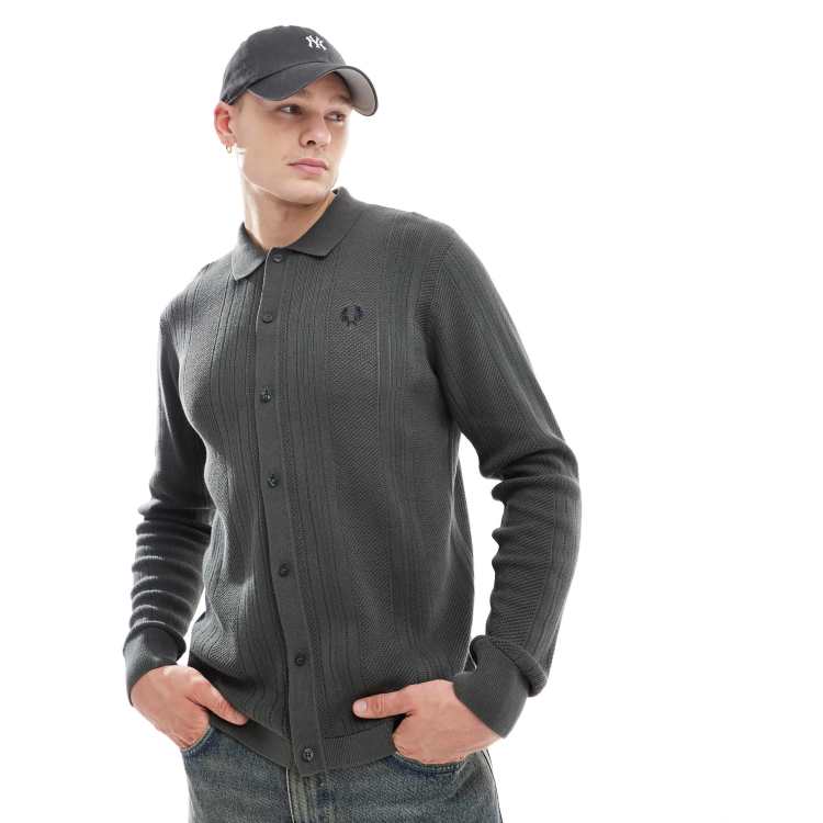 Fred Perry pointelle panel long sleeve knitted shirt in dark green ASOS