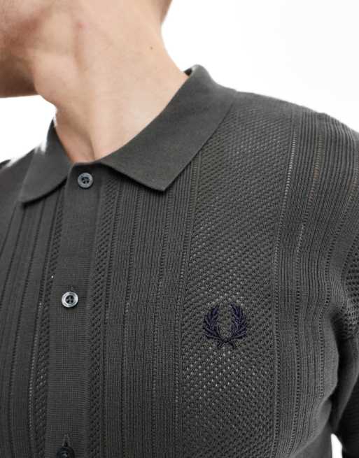 Fred Perry pointelle panel long sleeve knitted shirt in dark green