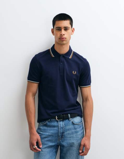 Fred Perry polo à double liseré en bleu marine foncé avec liserés écru et camel - view 1