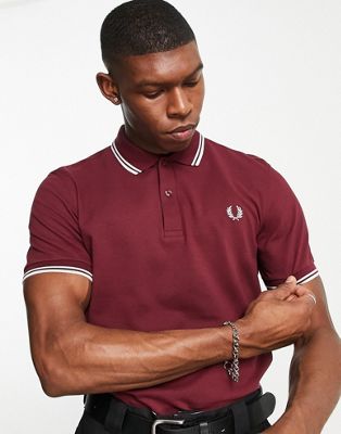 Fred Perry twin tipped logo polo in burgundy - ASOS Price Checker
