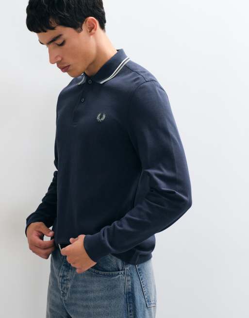 Fred Perry polo à manches longues à double liseré bleu air force foncé avec liserés écru et verts, 3 de 5