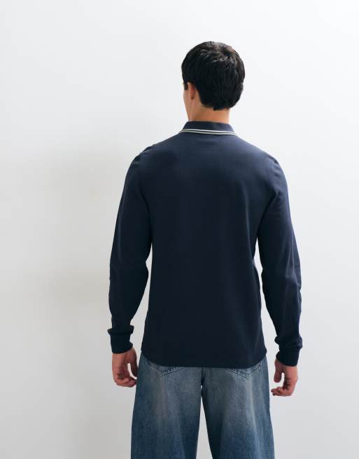 Fred Perry polo à manches longues à double liseré bleu air force foncé avec liserés écru et verts, 5 de 5